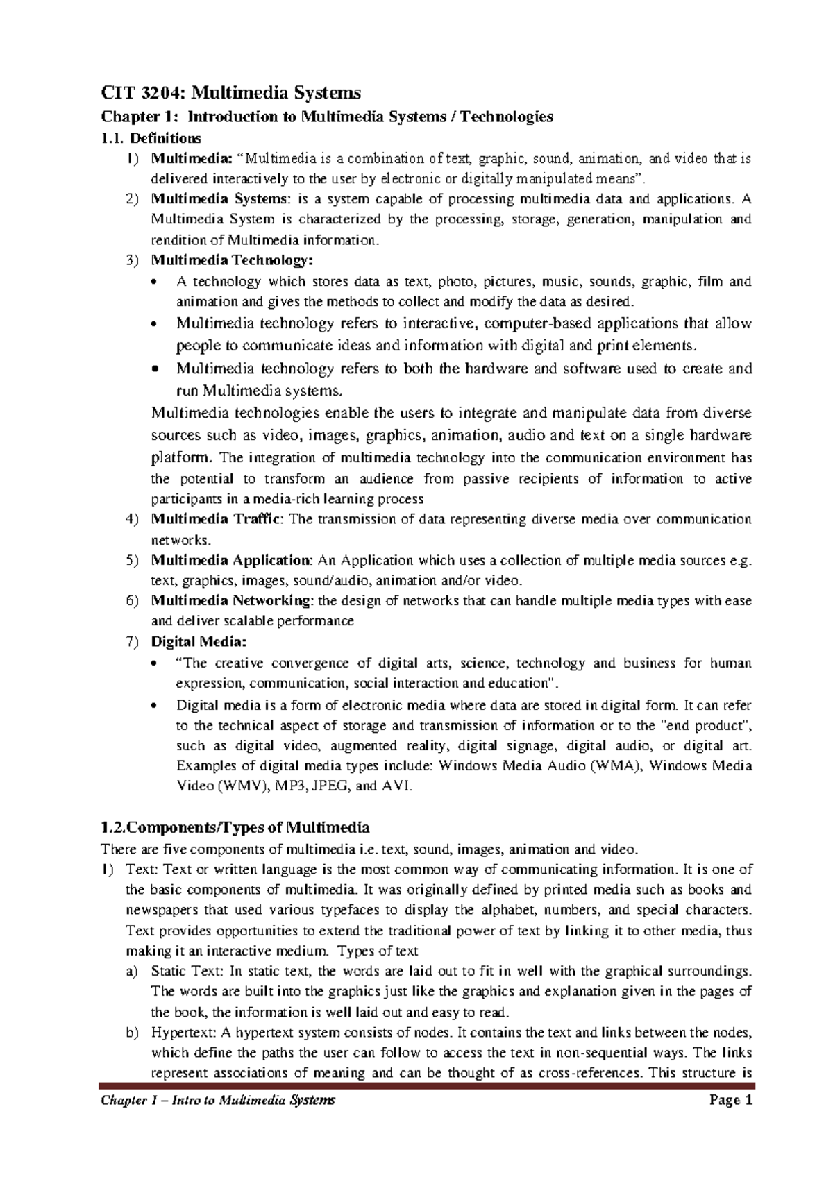 CIT 3204: Multimedia Systems Chapter 1 - Intro to Multimedia ...