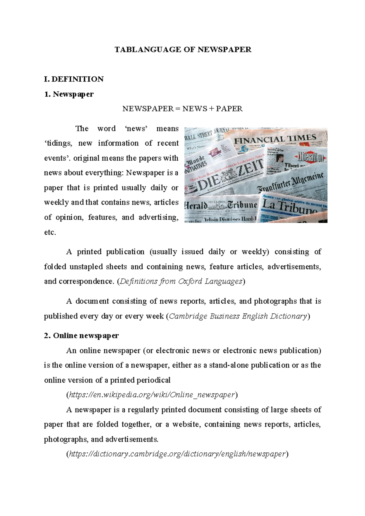 TABLANGUAGE OF NEWSPAPER: DEFINITIONS AND COMPARISONS - Studocu