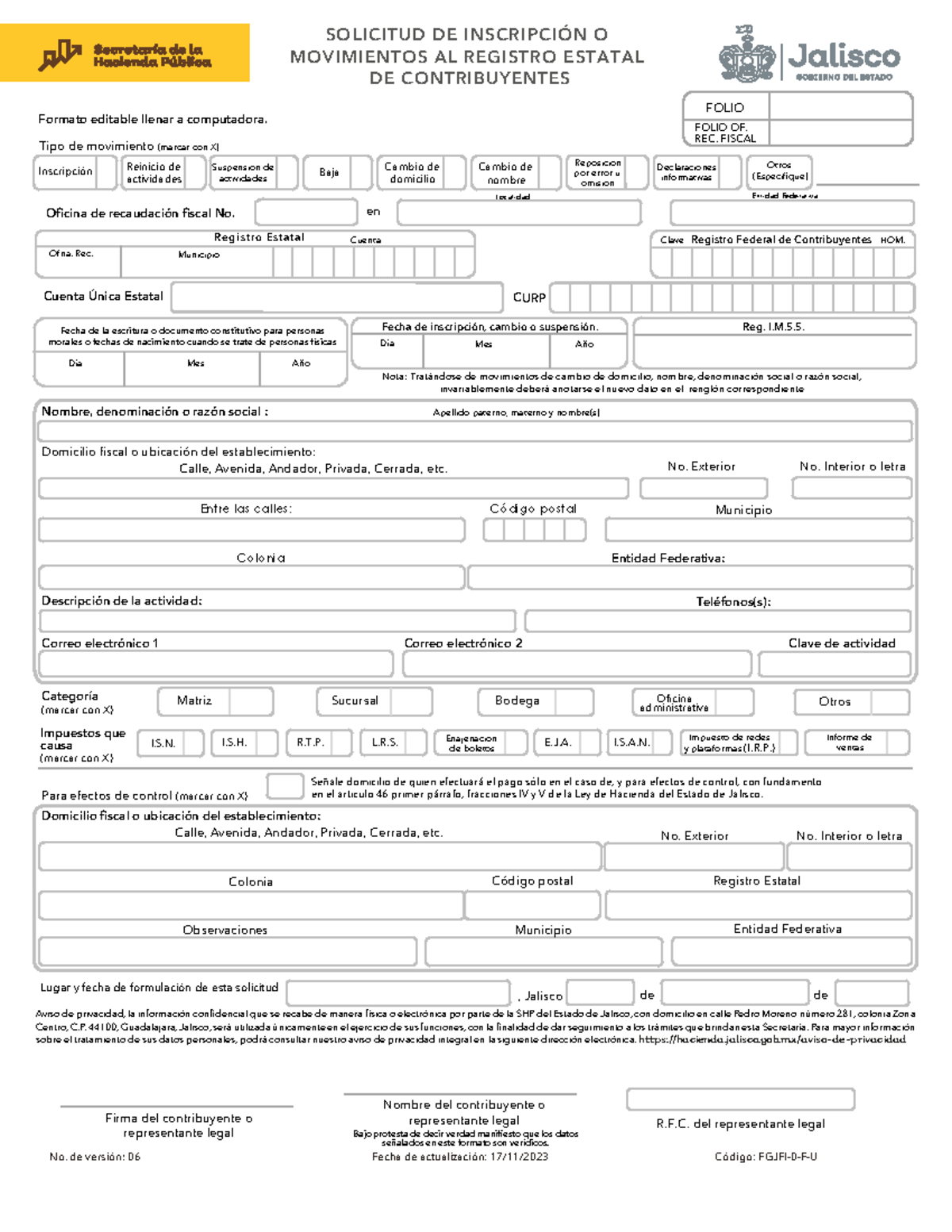 Solicitud de Inscripción y Movimientos al Registro Estatal FGJFI-0-F-U ...
