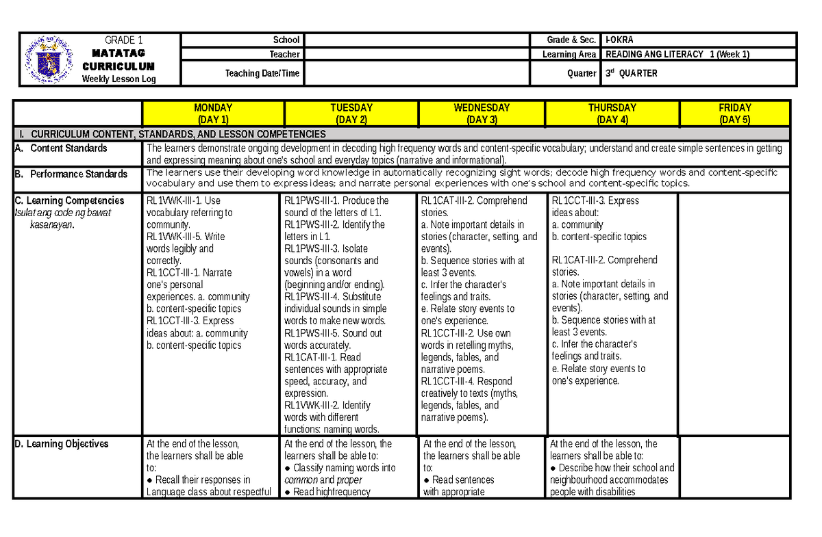 Q3G1 RL W1 - Weekly Lesson Plan on Reading & Literacy for Grade 1 - Studocu