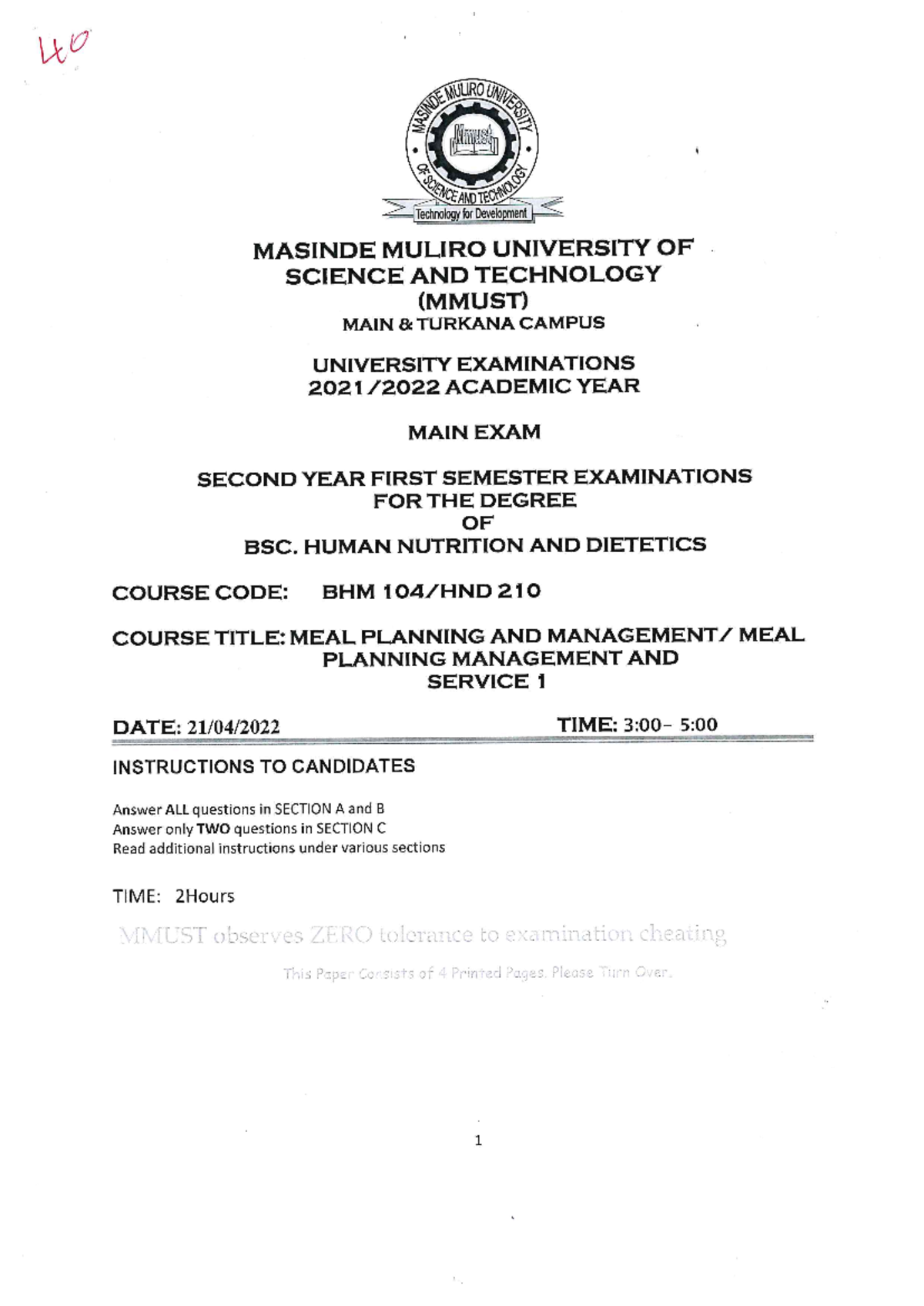 BHM 104,HND 210 - examinations - Nutrition and dietetics - Studocu