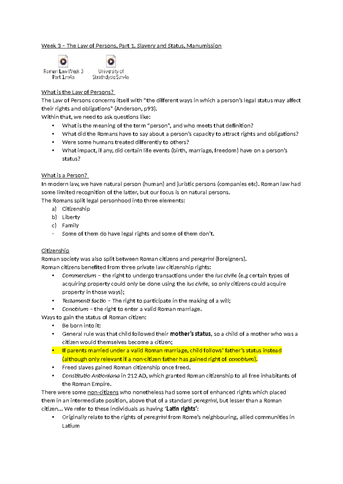 Week 3 - Week 3 lecture notes - Week 3 – The Law of Persons, Part 1 ...