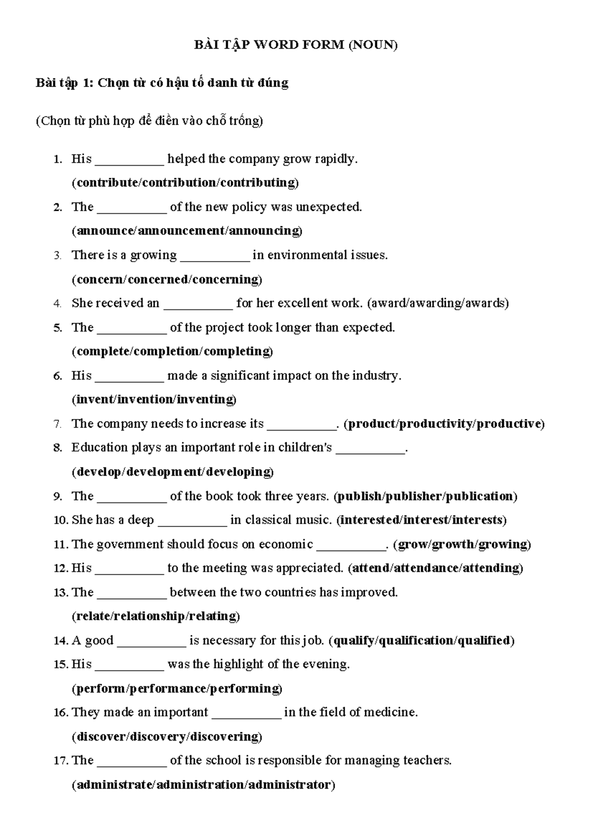 BÀI TẬP DANH TỪ WORD FORM (NOUN) - TỪ VỰNG VÀ NGỮ PHÁP - Document Preview