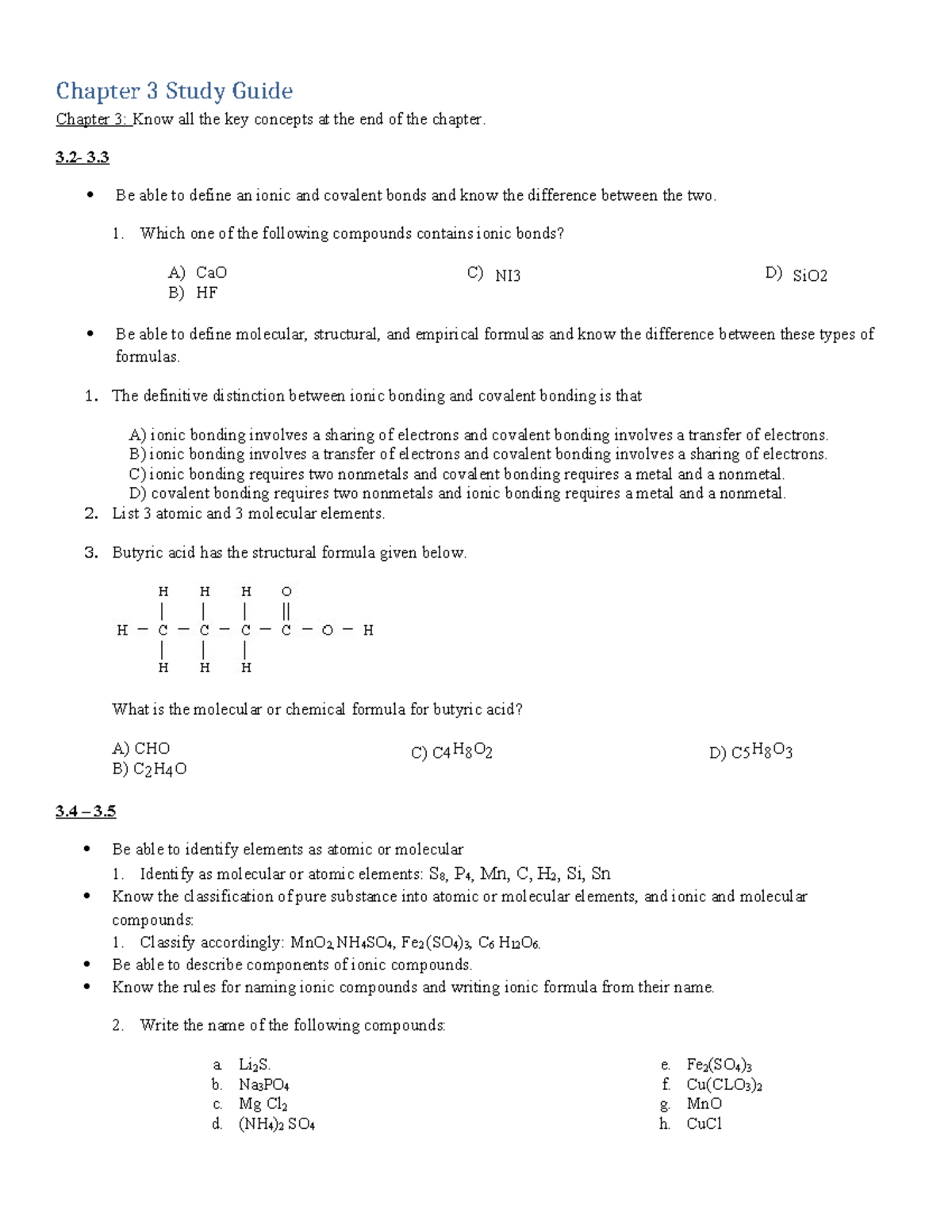 Ch 3 Study Guide: Ionic & Covalent Bonds, Formulas, and Mass - Studocu