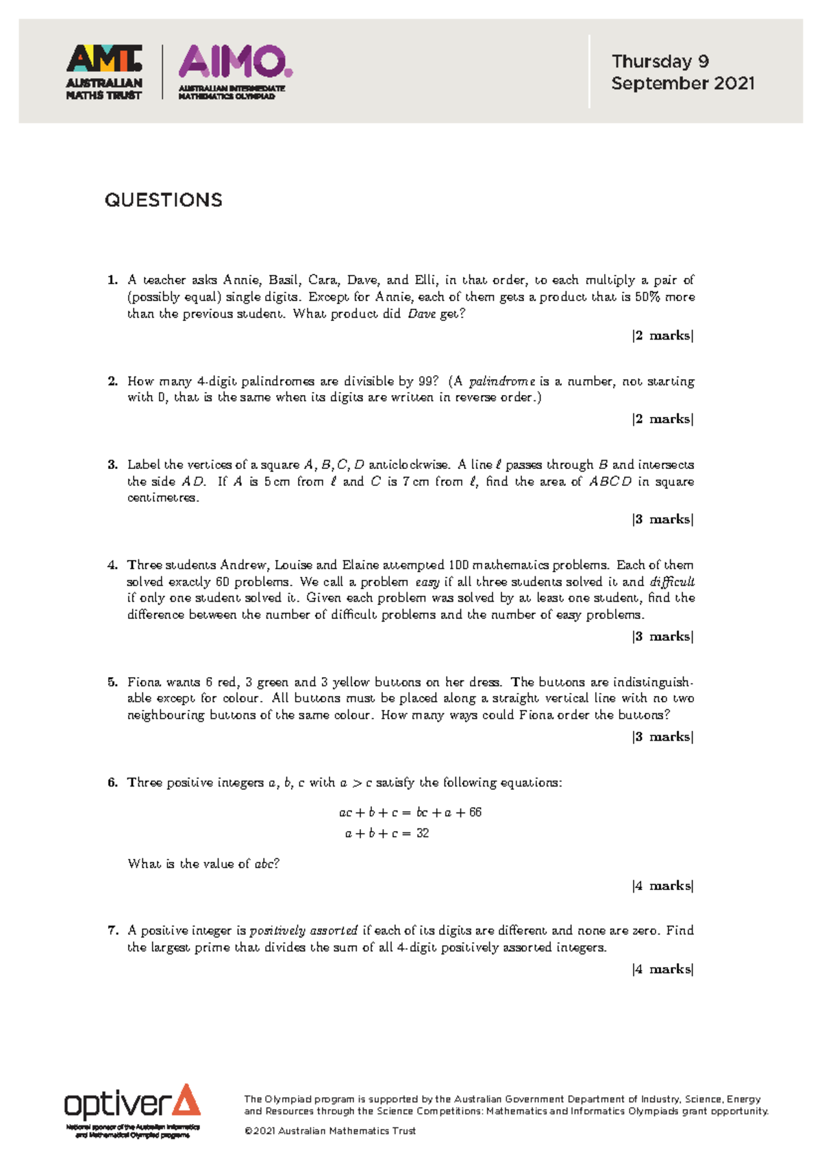 2021 AIMO - Australian Intermediate Math Olympiad Questions - Studocu