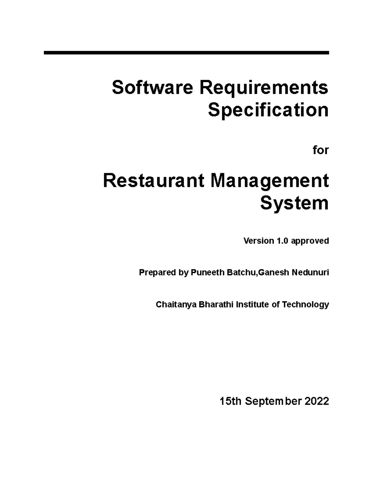 SRS for Restaurant Management System v1.0 - Specification Document ...