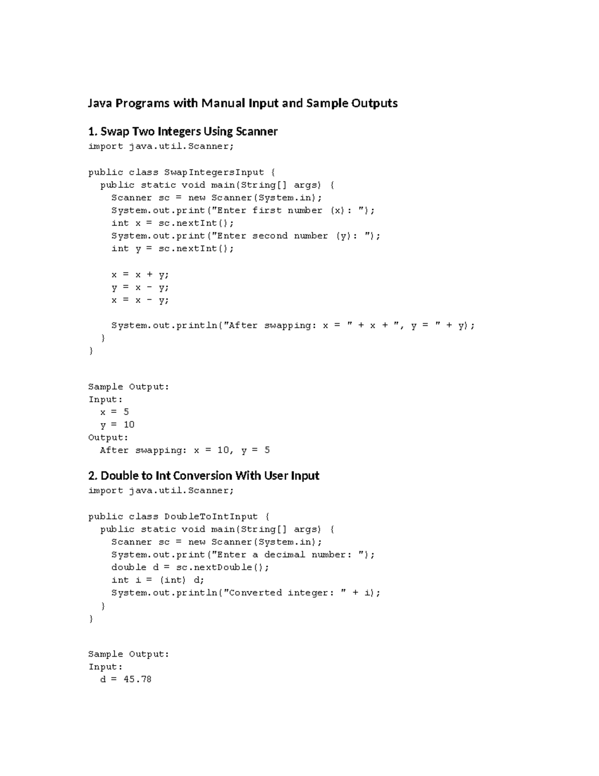 Java Programs with Manual Input & Sample Outputs for CS101 - Studocu