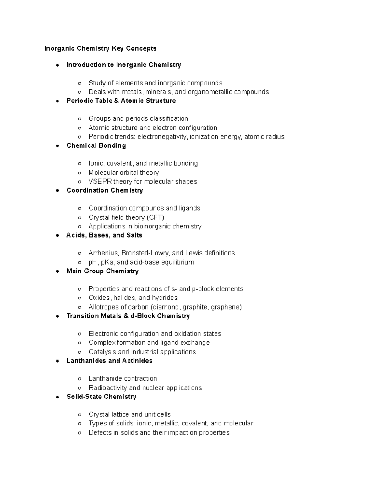 Inorganic Chemistry Key Concepts - Studocu