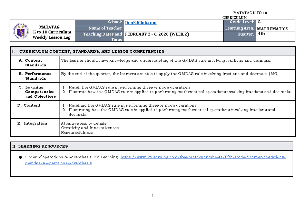 DTC DLL Matatag Mathematics 5 Weekly Lesson Log Q4 W2 - Studocu
