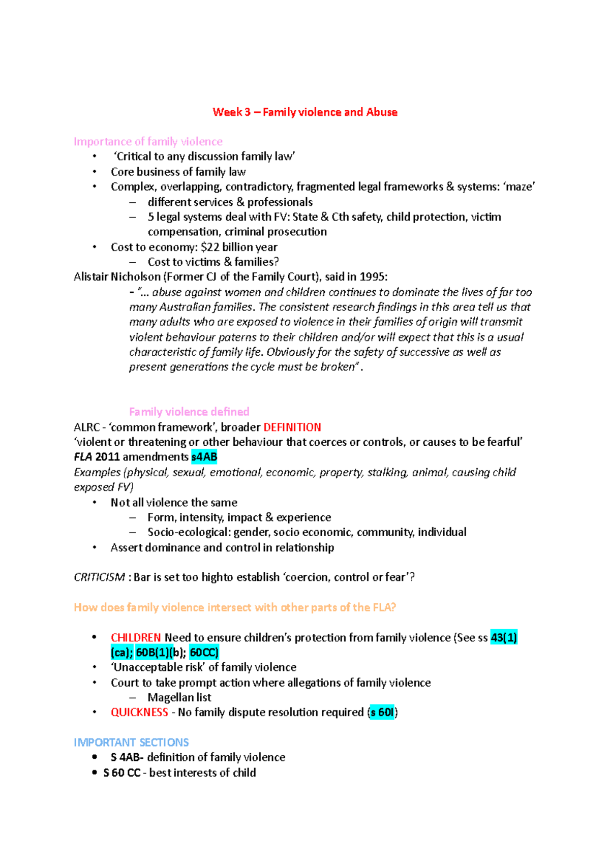 Week 3 FLA - Family Violence and Abuse in Family Law Lecture Notes ...