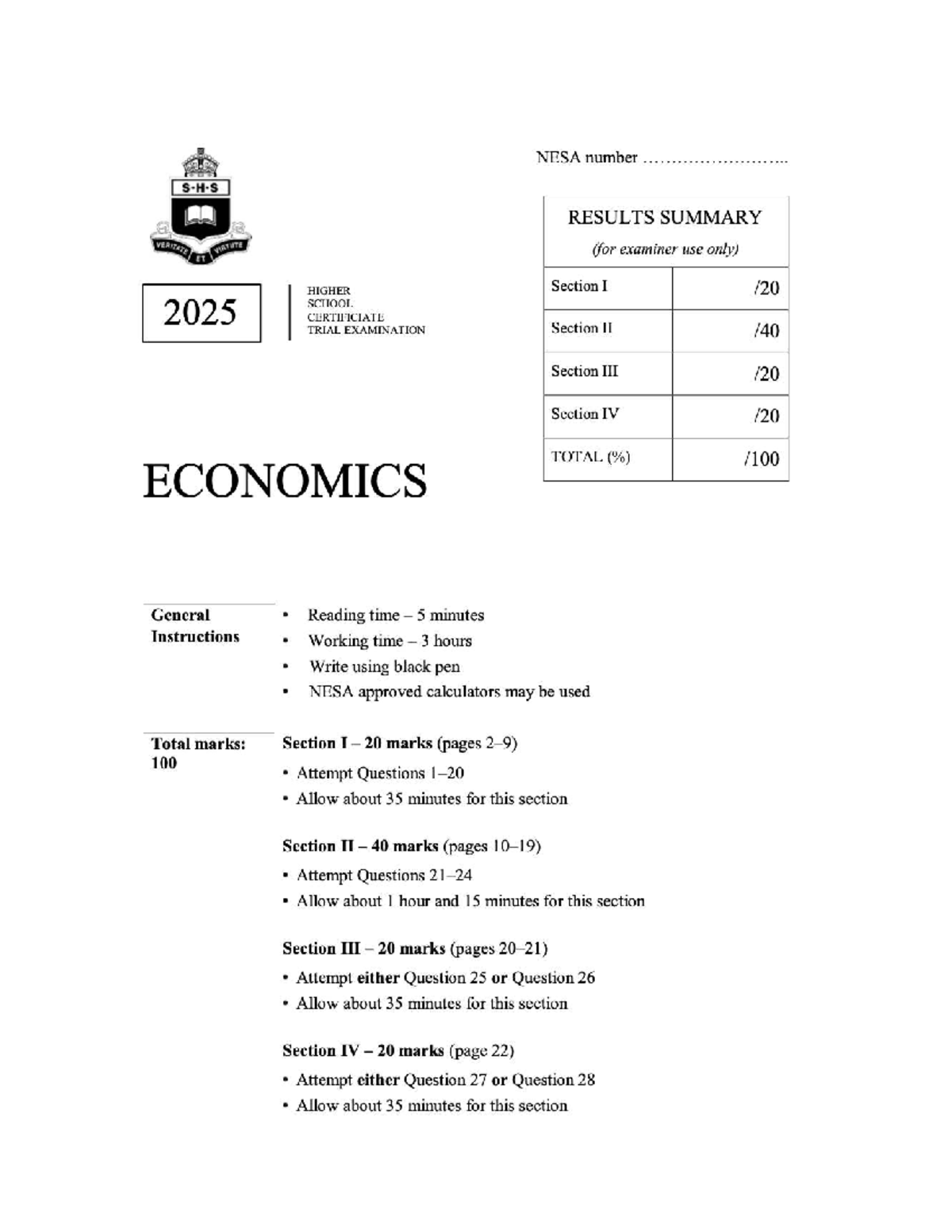 2025 HSC Economics Trial Exam Paper Practice - Sydney Boys - Studocu