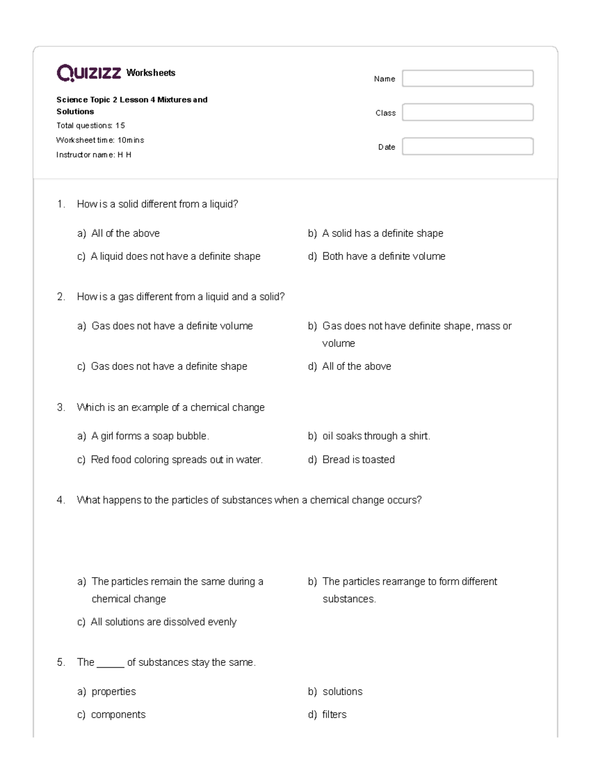 Science Topic 2: Mixtures & Solutions Worksheet - Grade Level Quiz ...