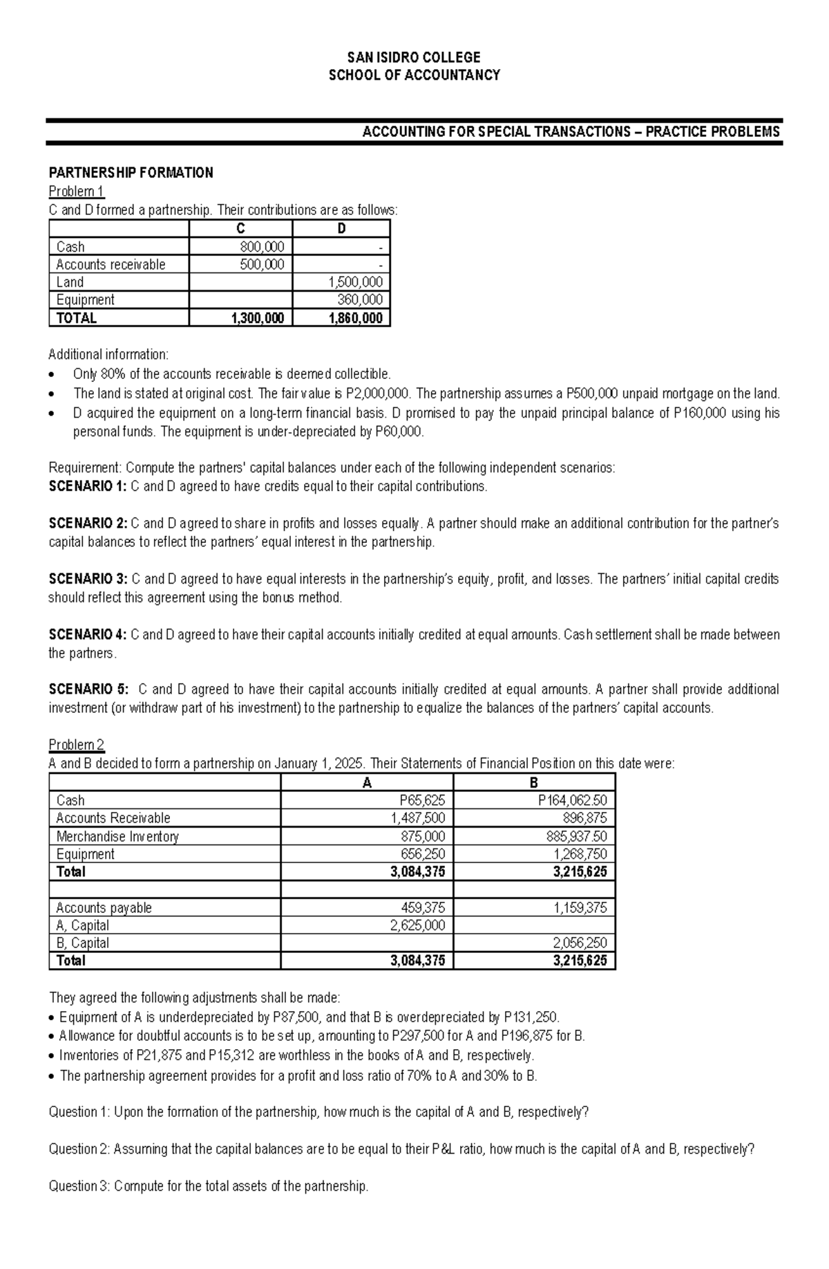 Accounting for Special Transactions (ACCT 101) - Practice Problems ...