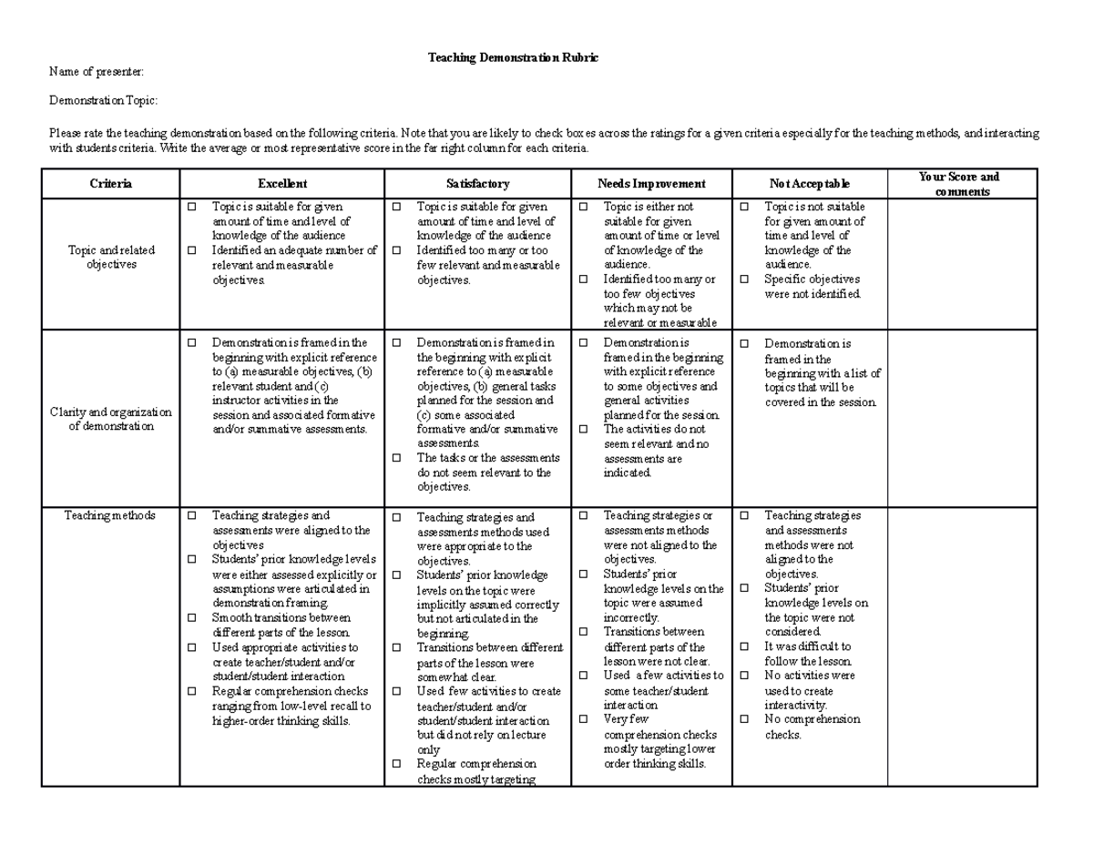 Teaching Demonstration Evaluation Rubric for Educators - Studocu