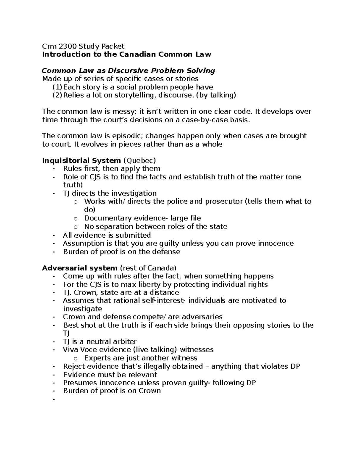 Crm 2300 Final Exam Study Guide: Canadian Common Law Overview - Studocu