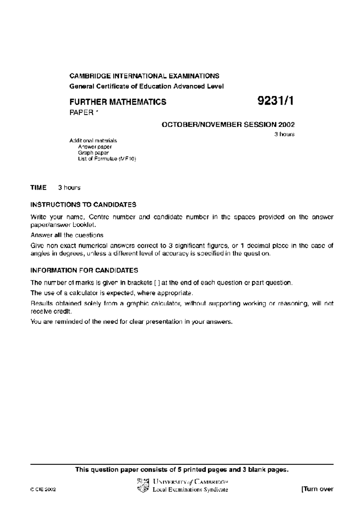 Further Mathematics Paper 1 (9231) - Past Exam Questions 2002 - Studocu