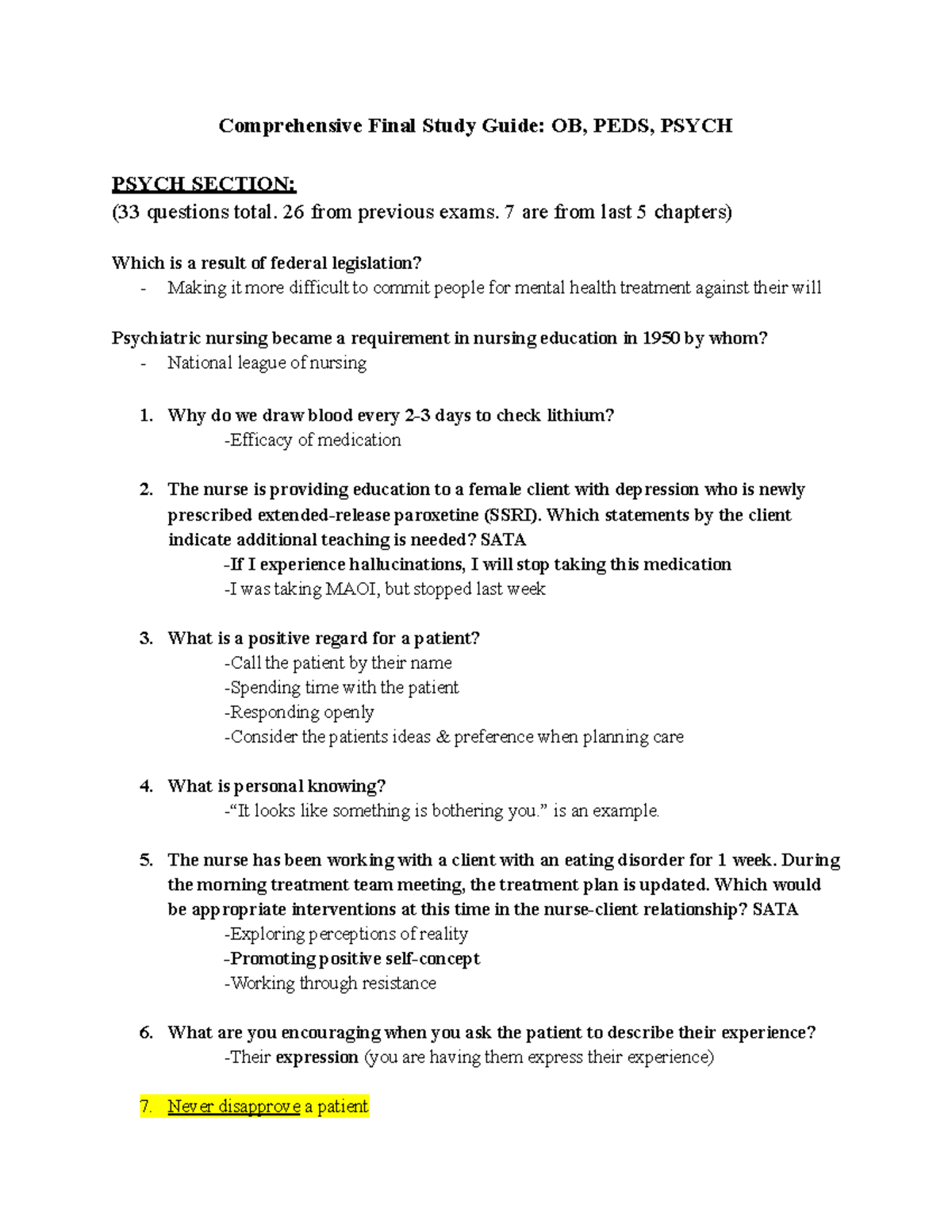 Comprehensive Final Study Guide - 26 from previous exams. 7 are from ...
