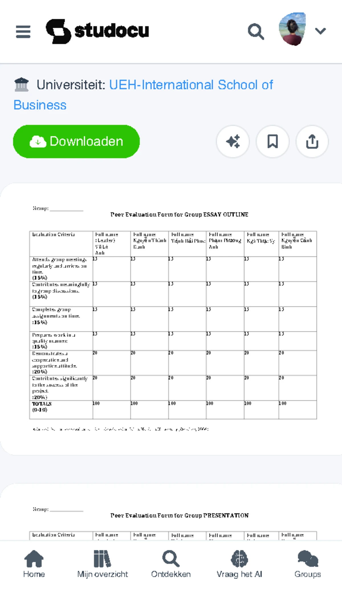 AEn00 G5 Peer Evaluation Form for Group Essay Outline - Studocu