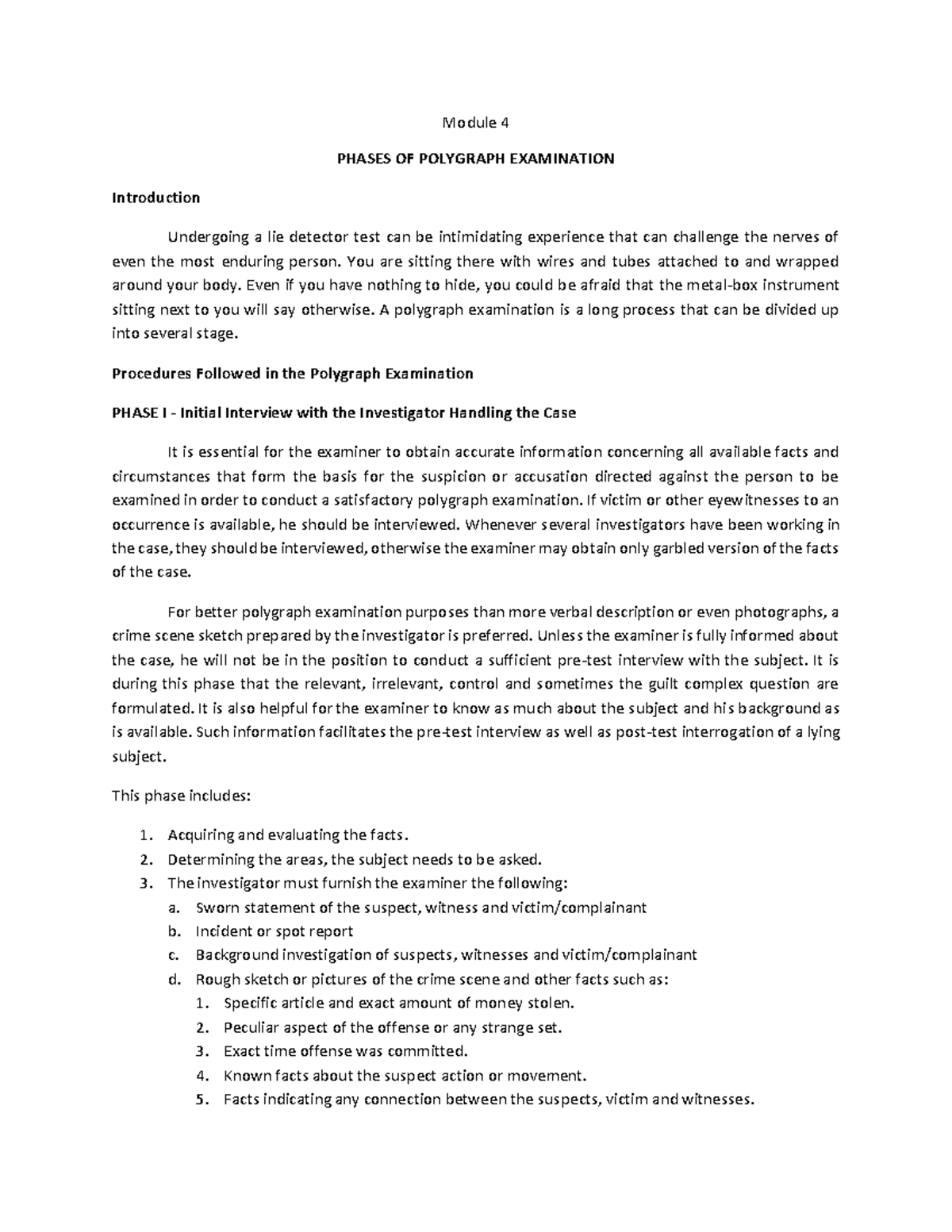 Module 4: Phases of Polygraph Examination - Lie Detection Notes - Studocu