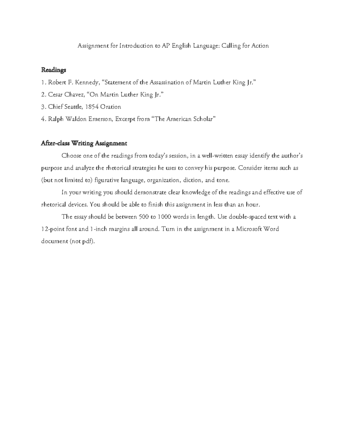 Calling for Action Assignment for Introduction to AP English Language ...