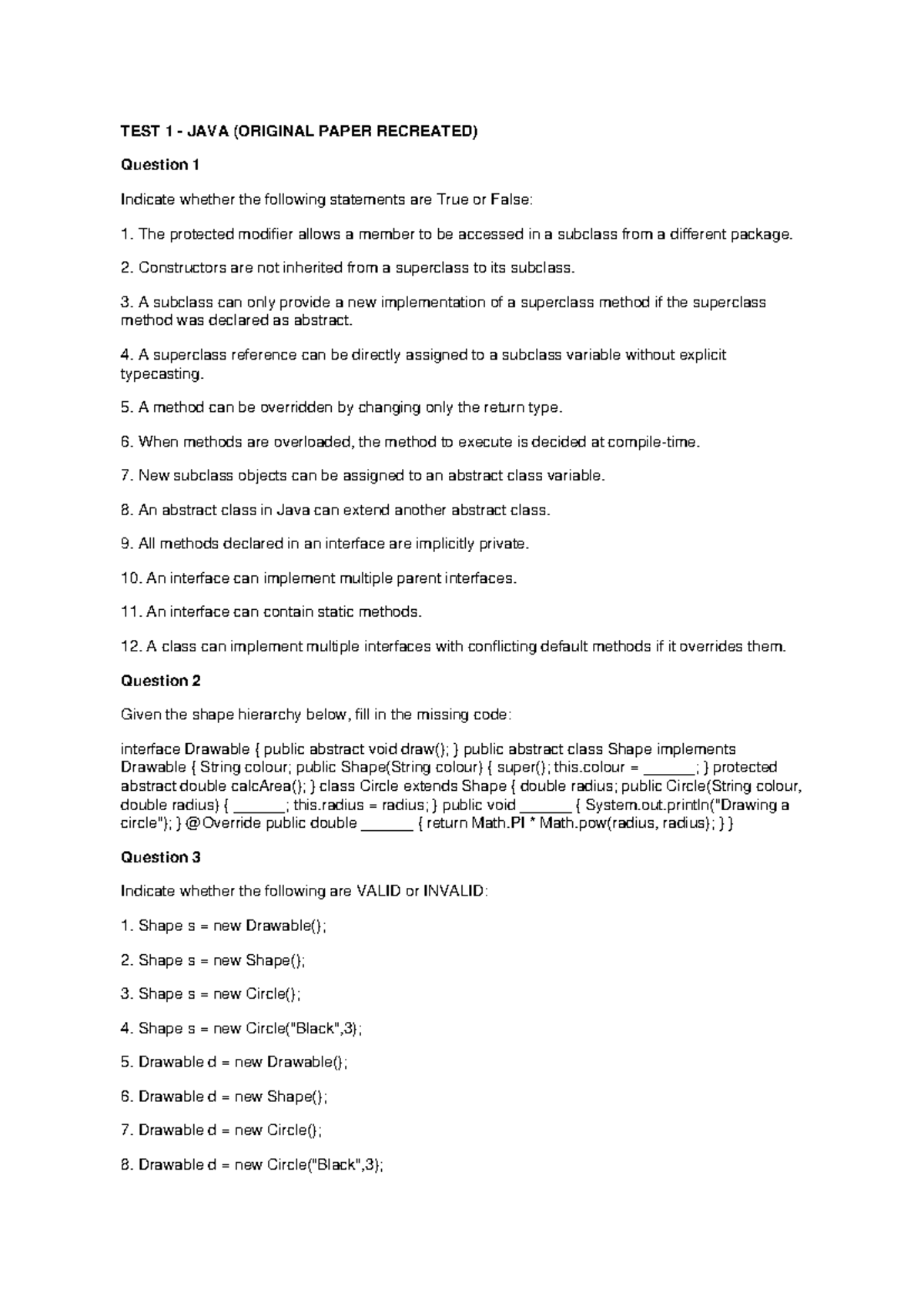 TEST 1 JAVA (ORIGINAL PAPER RECREATED) - Practice Questions - Studocu