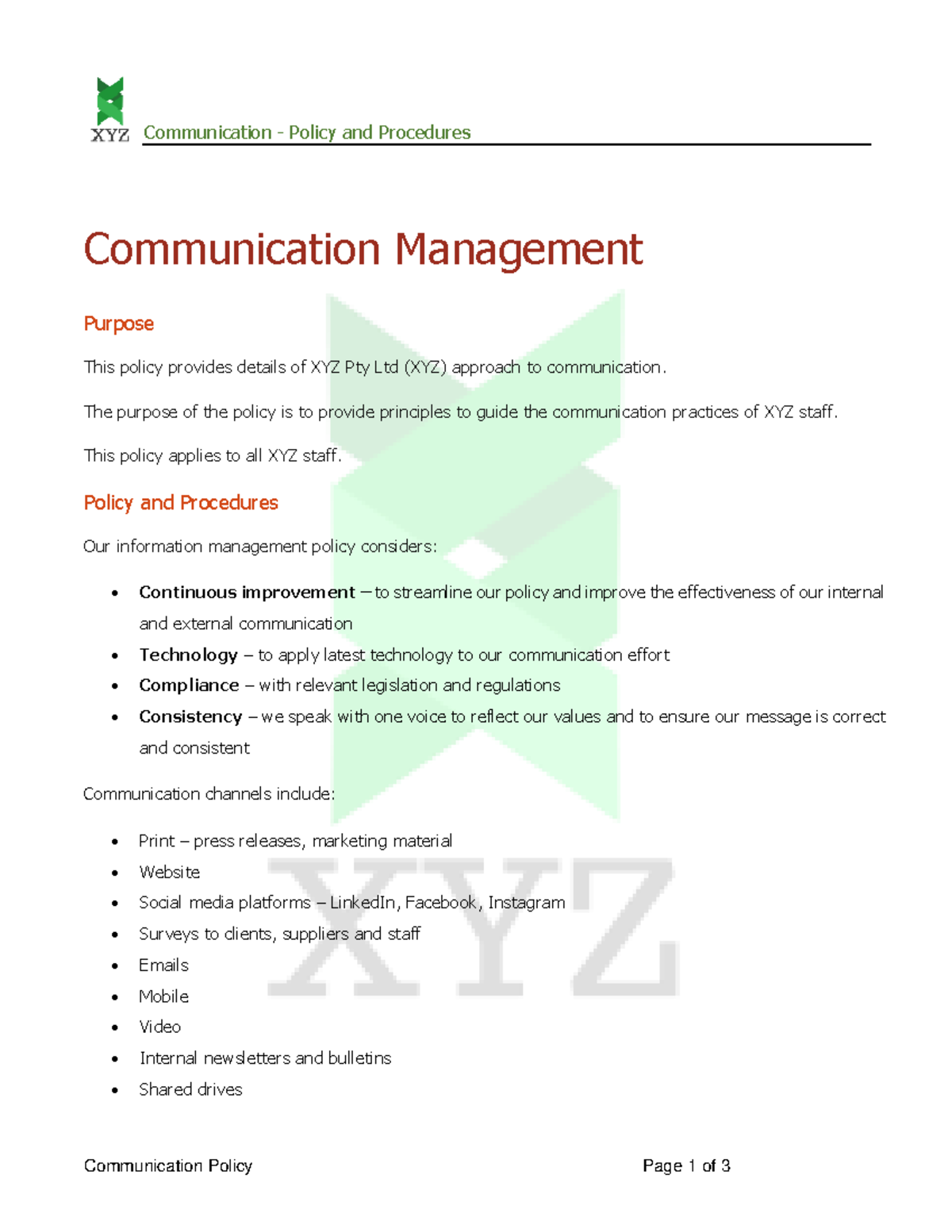 Communication Policy & Procedures for XYZ Pty Ltd: Guidelines ...