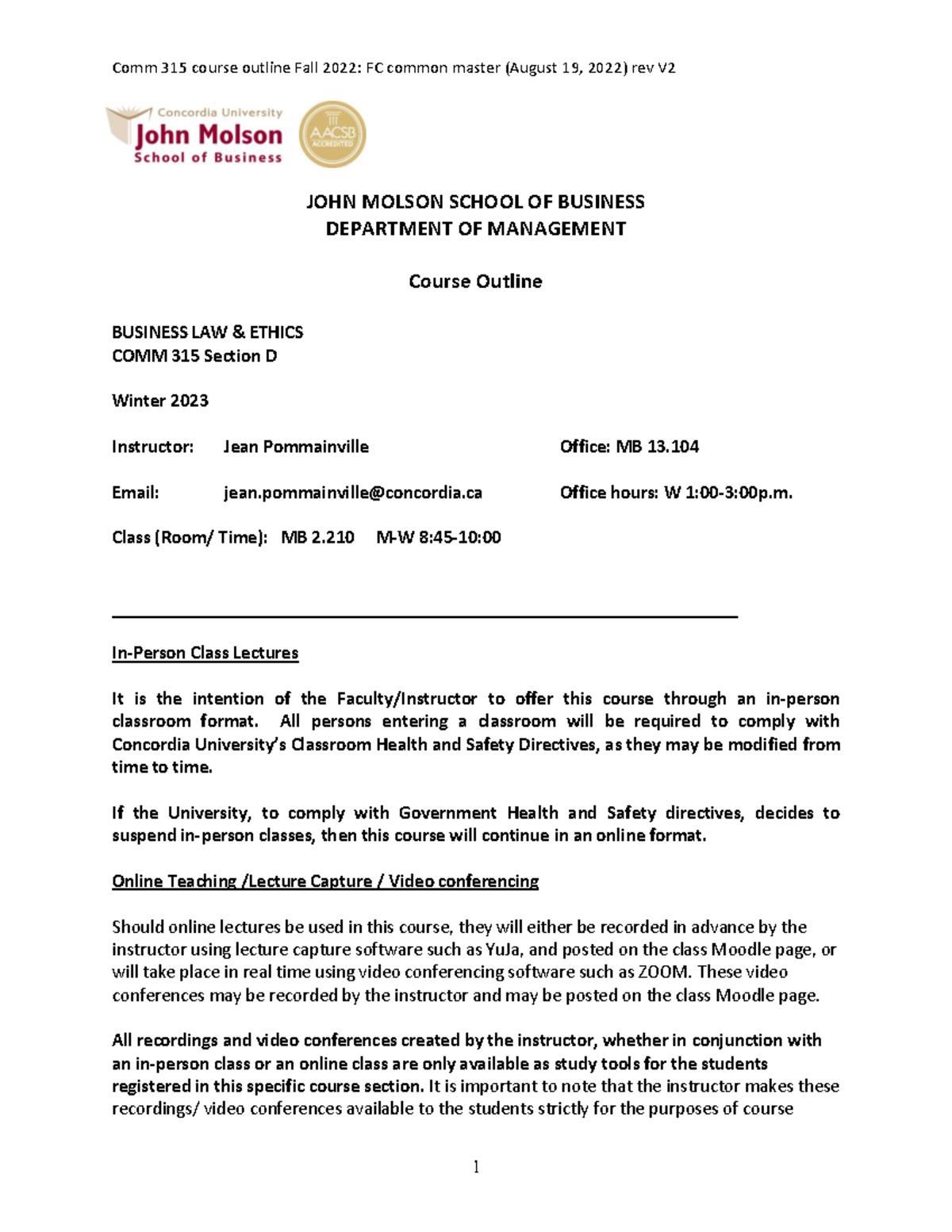 COMM 315 - Winter 2023 Business Law & Ethics Course Outline - Studocu