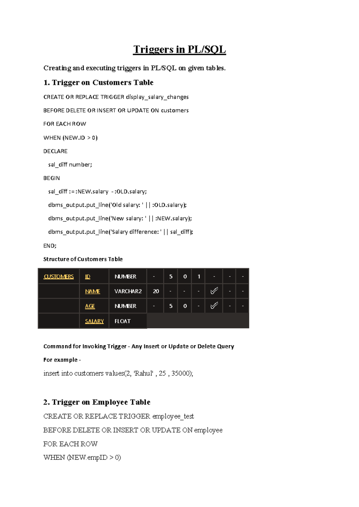 Creating and Executing Triggers in PL-SQL: Customers & Employees - Studocu