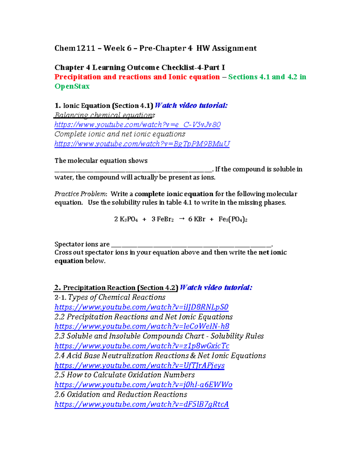 Chem1211-Pre-Chapter 4 Homework Assignment and Learning Outcomes - Studocu