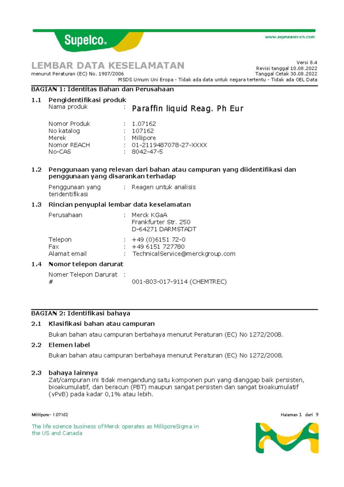 MSDS Parafin Liquid (Reag. Ph Eur) - Versi 8.4, 2022 - Studocu