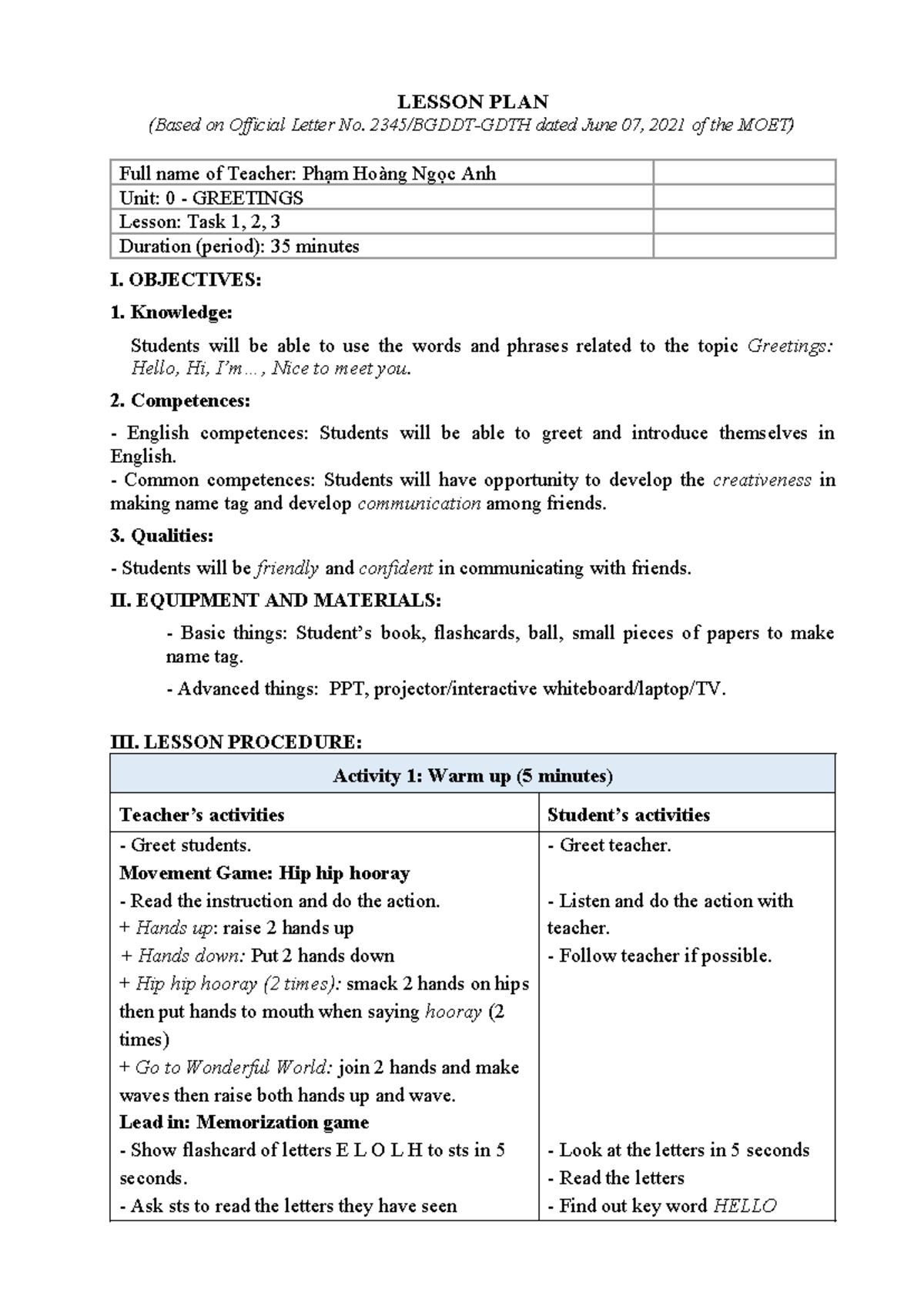 0-Unit 0-Lesson 1-Greetings - Engaging Introductory Activities - Studocu