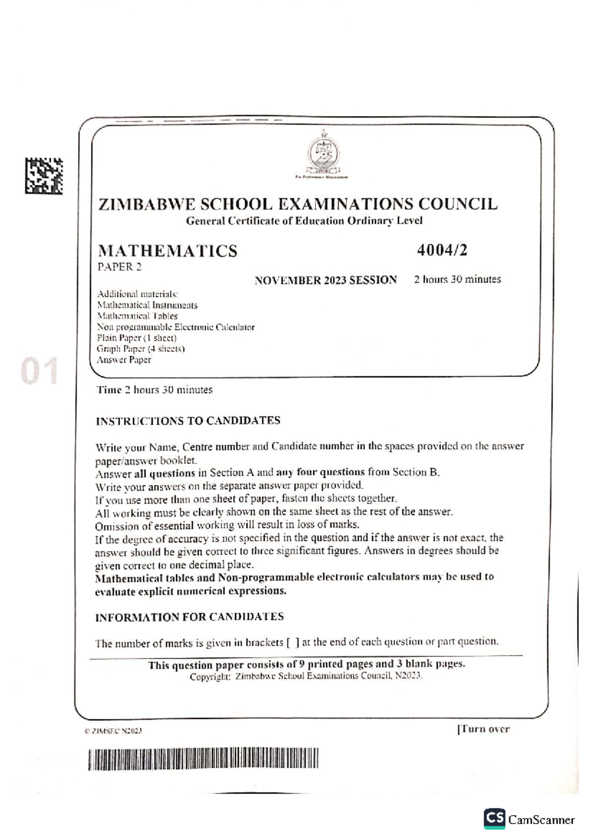 Mathematics Paper 2 - ZIMSEC O Level Exam November 2023 - Studocu