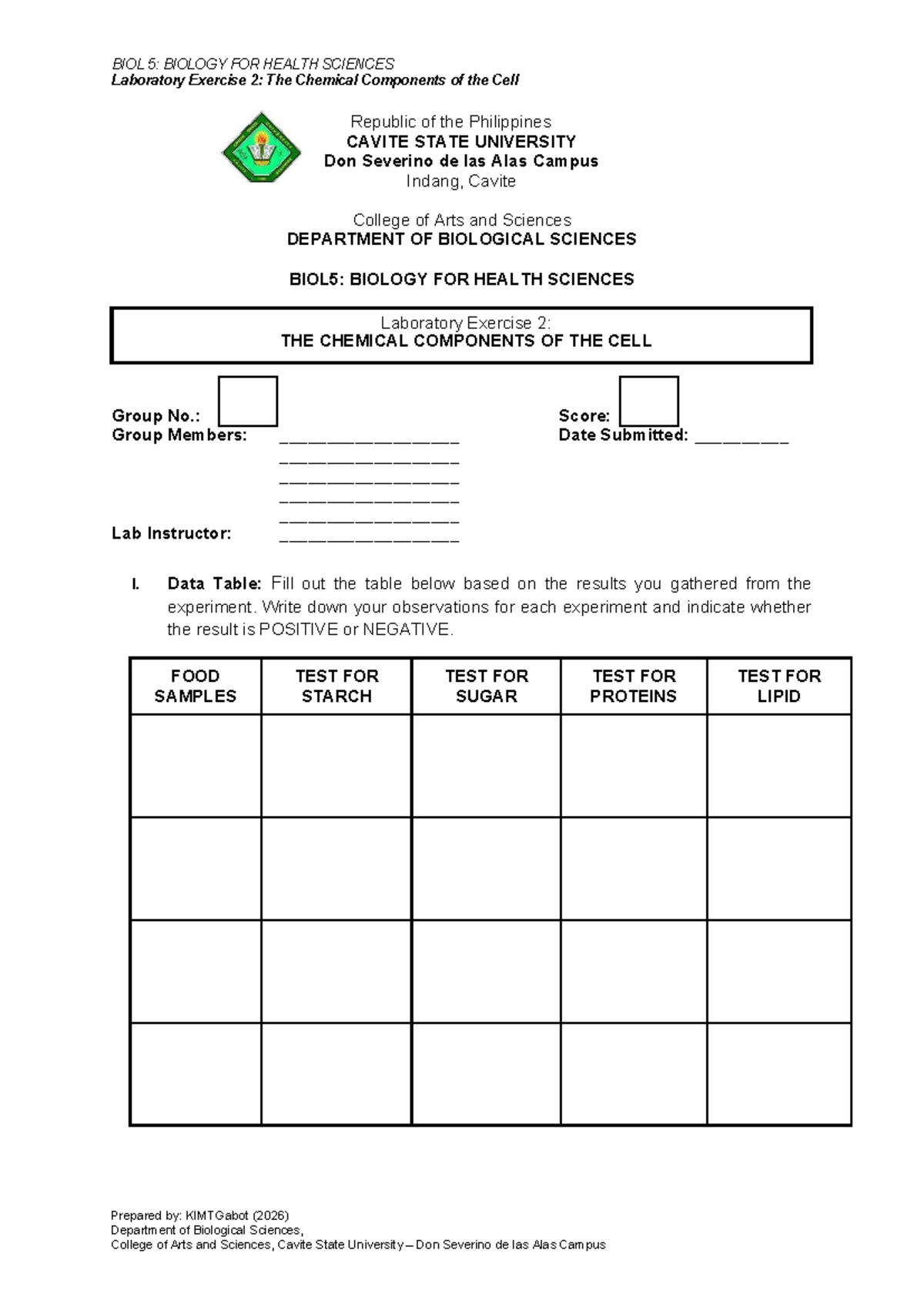 BIOL 5: Lab Exercise 2 - Chemical Components of the Cell - Studocu