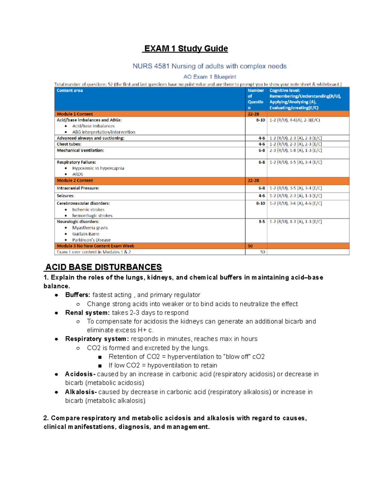 Critical Care NURS 101 Exam 1 Study Guide: Acid Base & Ventilation ...