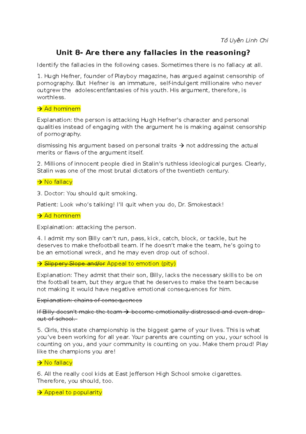 Unit 8 fallacies - HW OF MRS HIEN HOA AE CLASS - Tố Uyên Linh Chi Unit ...