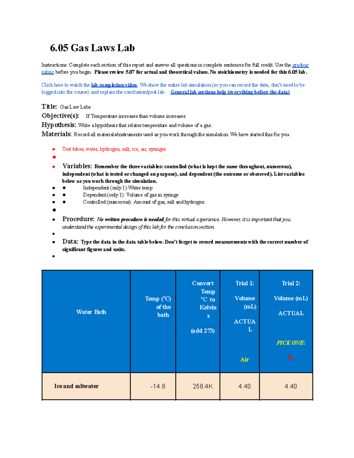 6.05 Gas Laws Lab Report: Complete Instructions & Data Analysis - Studocu