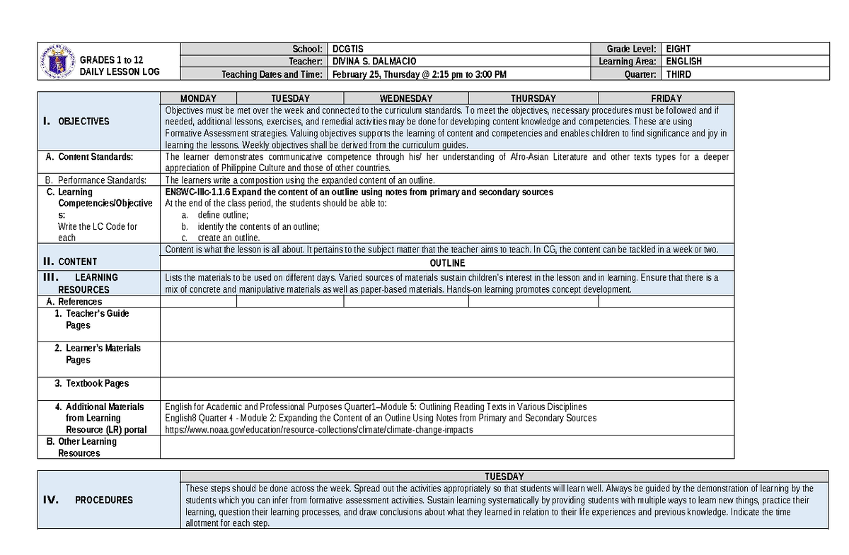 Daily Lesson Log for English 8: 4th Quarter Objectives & Activities ...