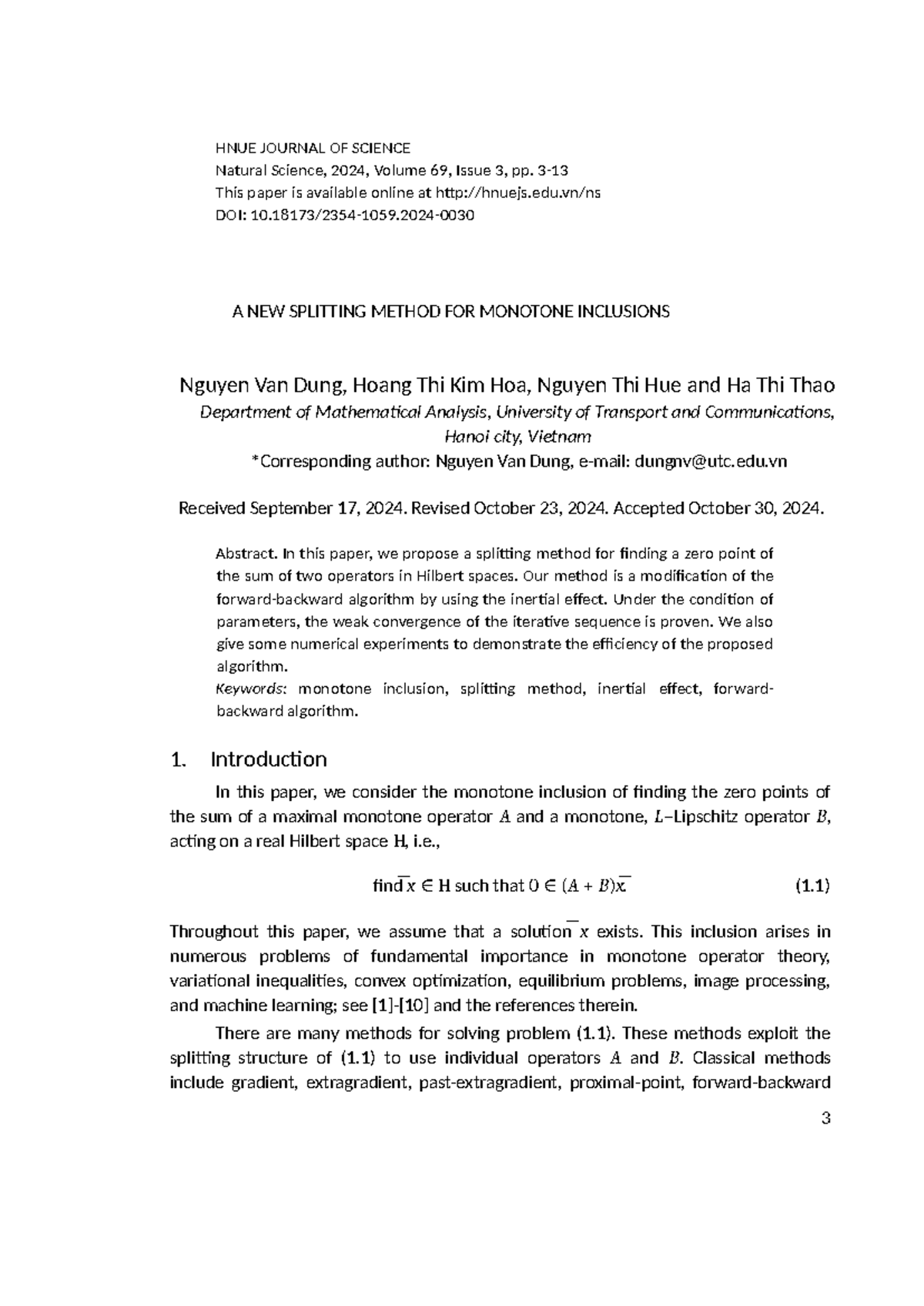 HNUE JOURNAL OF SCIENCE: A New Splitting Method for Monotone Inclusions ...