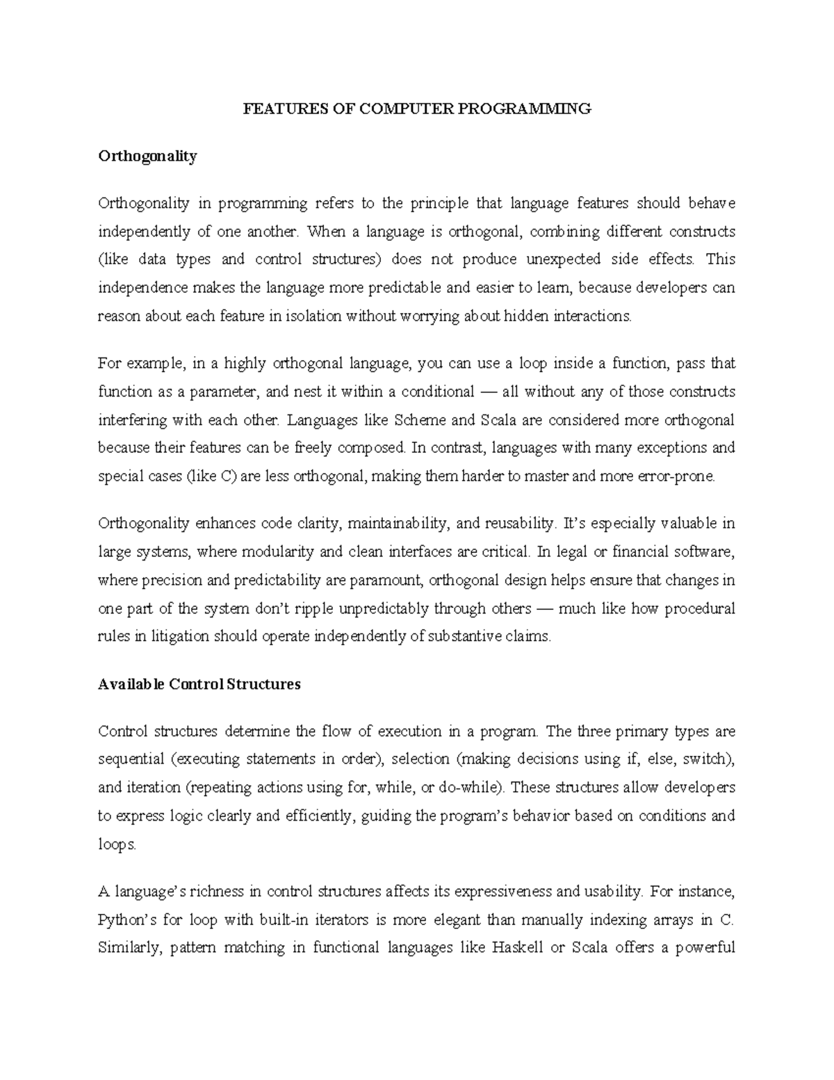 Features of Computer Programming: Orthogonality, Control Structures ...