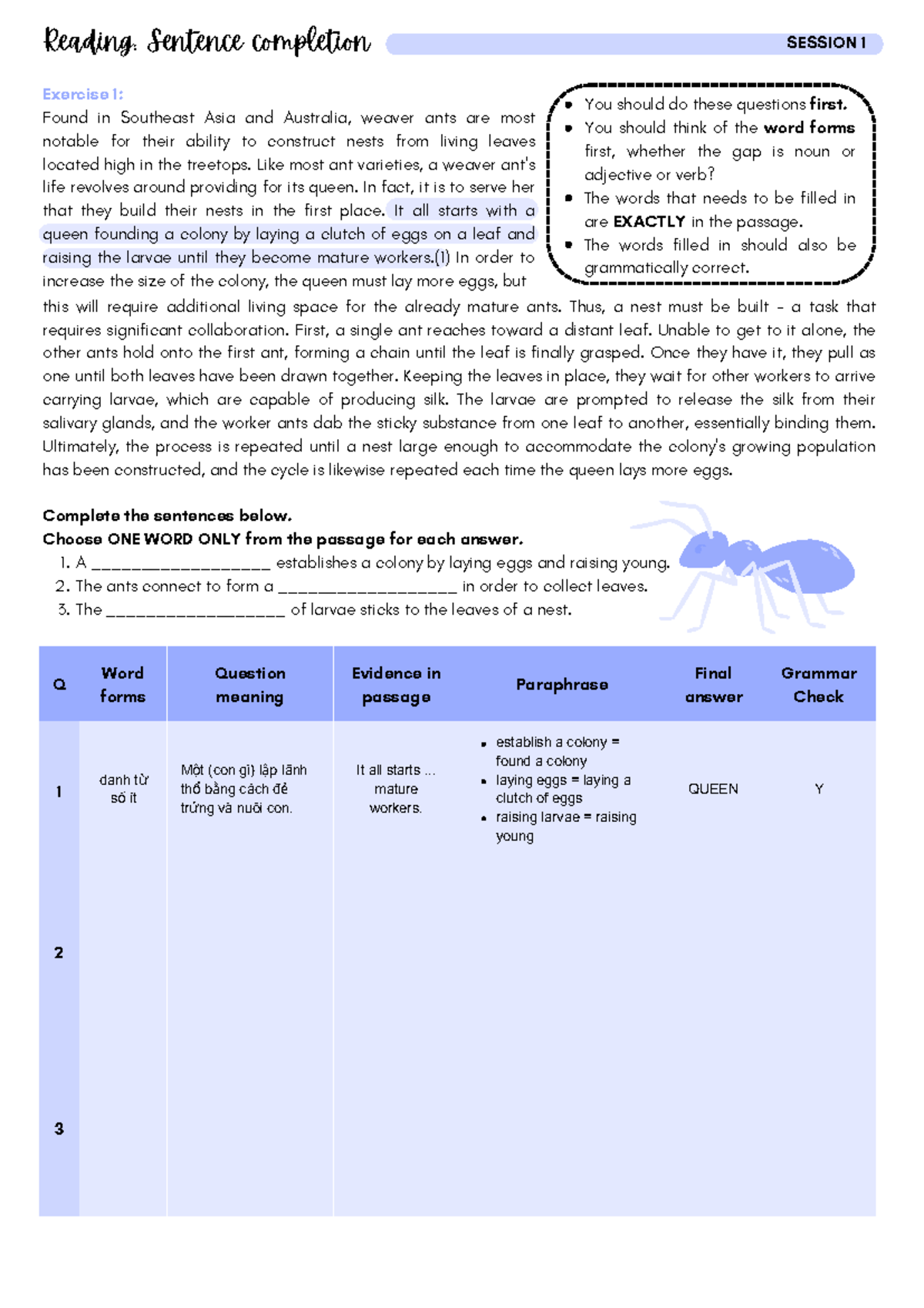 Session 1 - Sentence Completion Exercises for Reading & Listening - Studocu