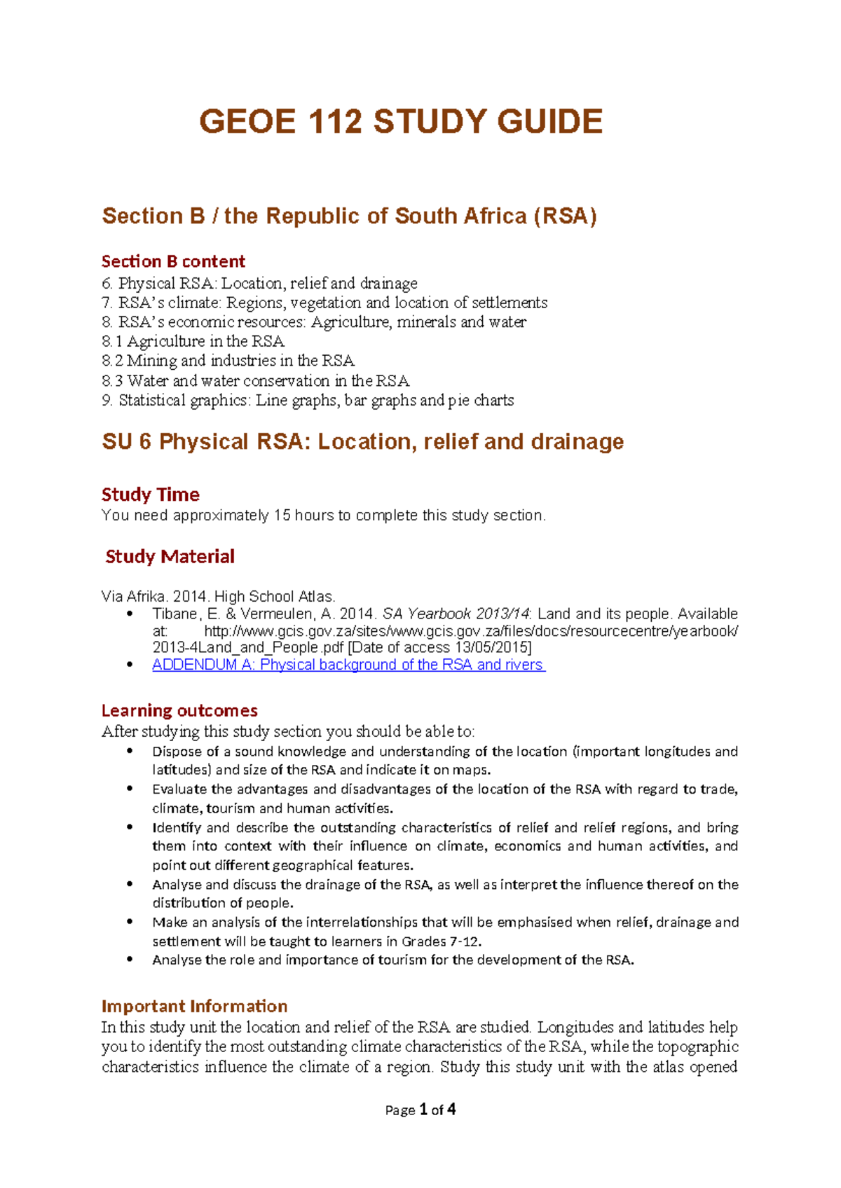 GEOE 112 STUDY GUIDE: Location and Physical Features of RSA - Studocu