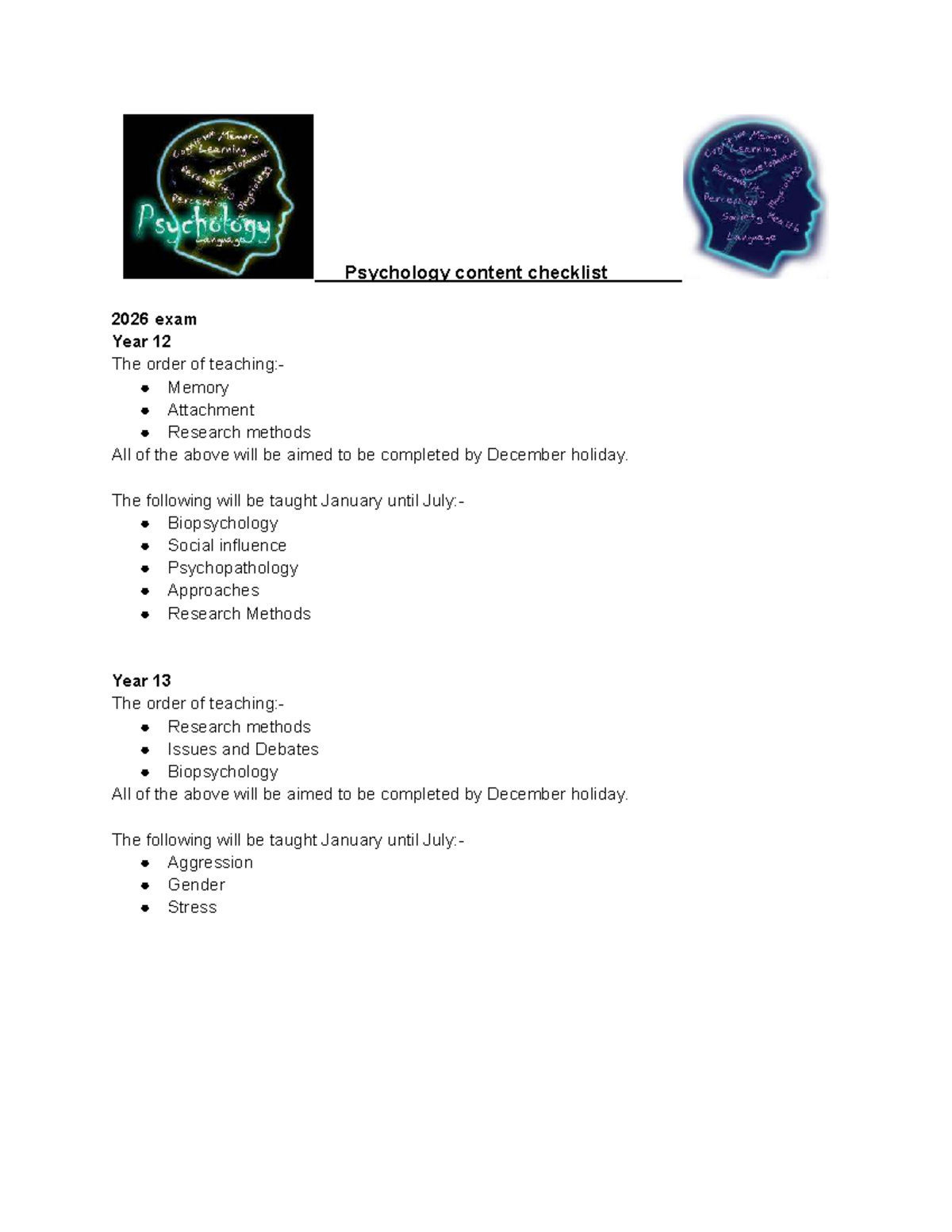 Psychology Content Checklist for 2026 Exam - Year 12 & 13 - Studocu