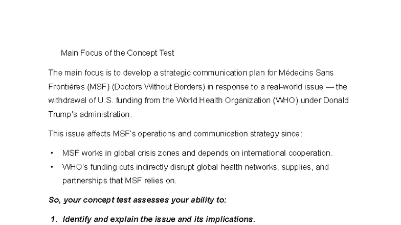 Strategic Communication Plan for MSF: Concept Test Practice - Studocu