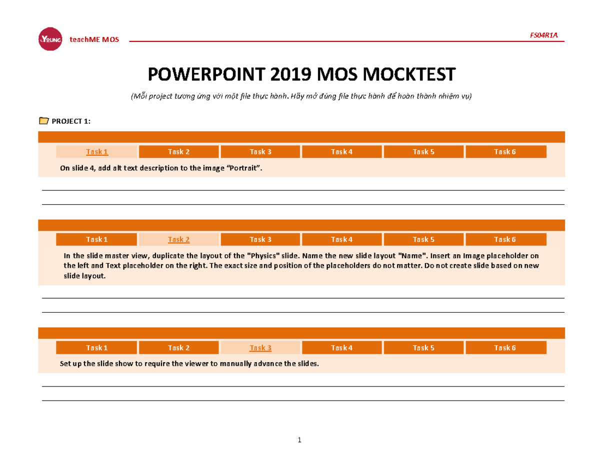 Mocktest FS04R1A: PowerPoint 2019 MOS Projects Overview - Studocu