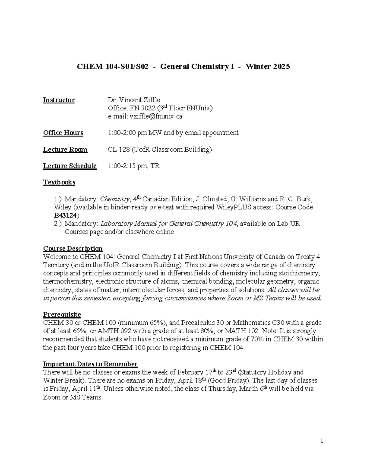 CHEM 104 Syllabus 2025 - General Chemistry I Overview - Studocu