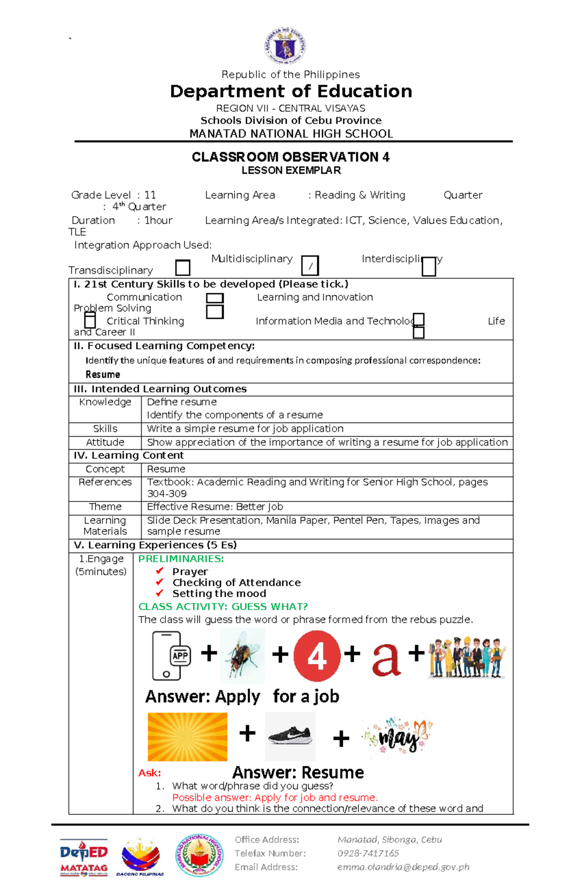 RW 11 - Lesson Plan for Classroom Observation 4: Writing a Resume - Studocu