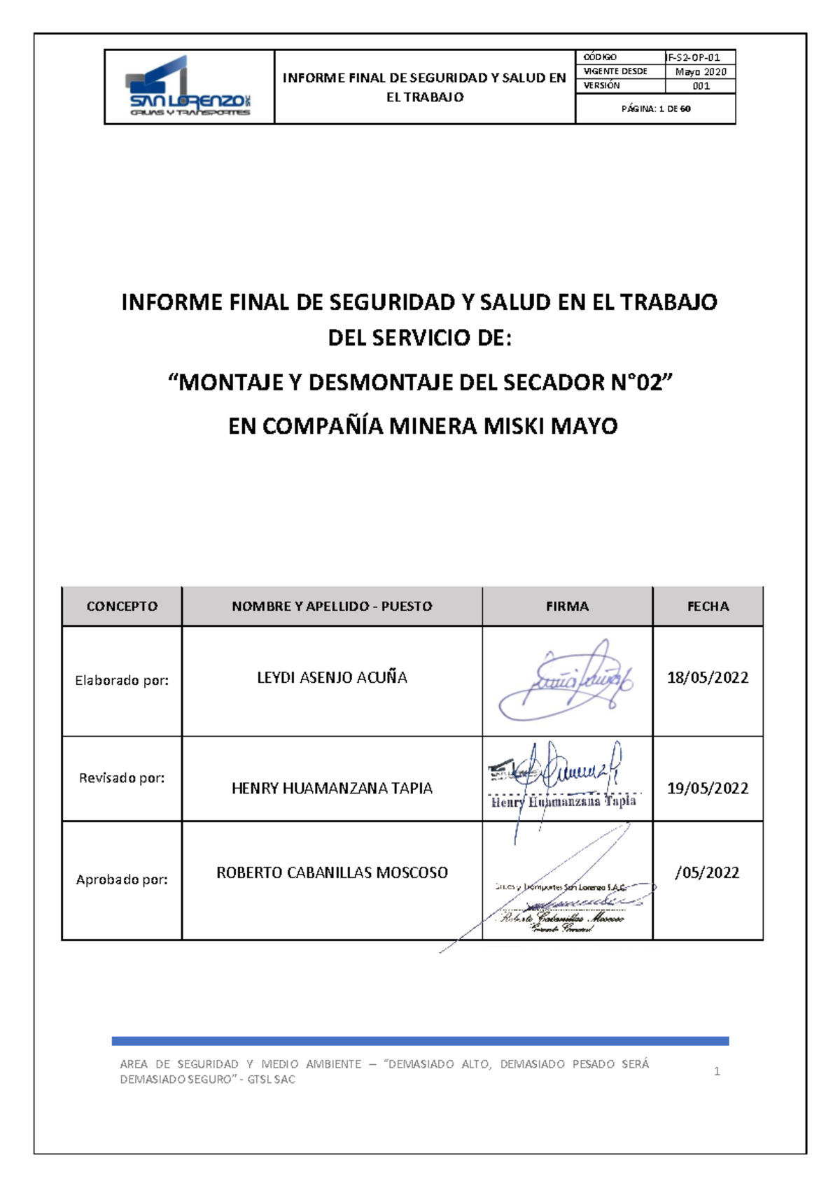 Informe Final de Seguridad y Salud en el Trabajo - CMMM 2020 - Studocu
