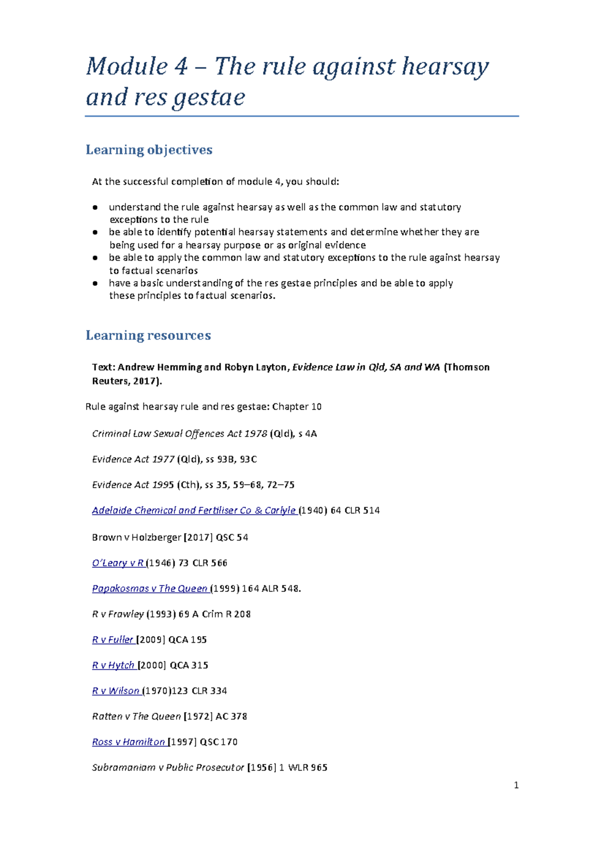 Module 4: Understanding the Rule Against Hearsay & Res Gestae - Studocu
