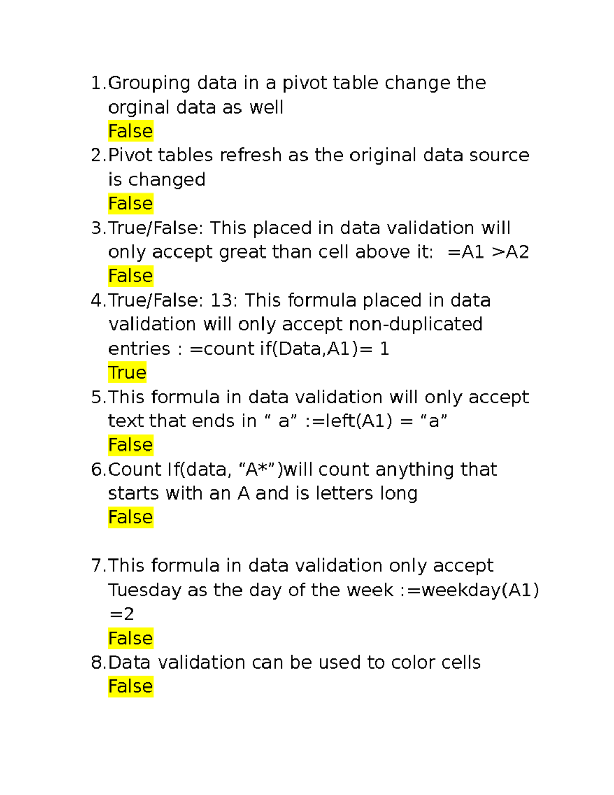 Test 2 Canvas - Practice question - 1 data in a pivot table change the ...