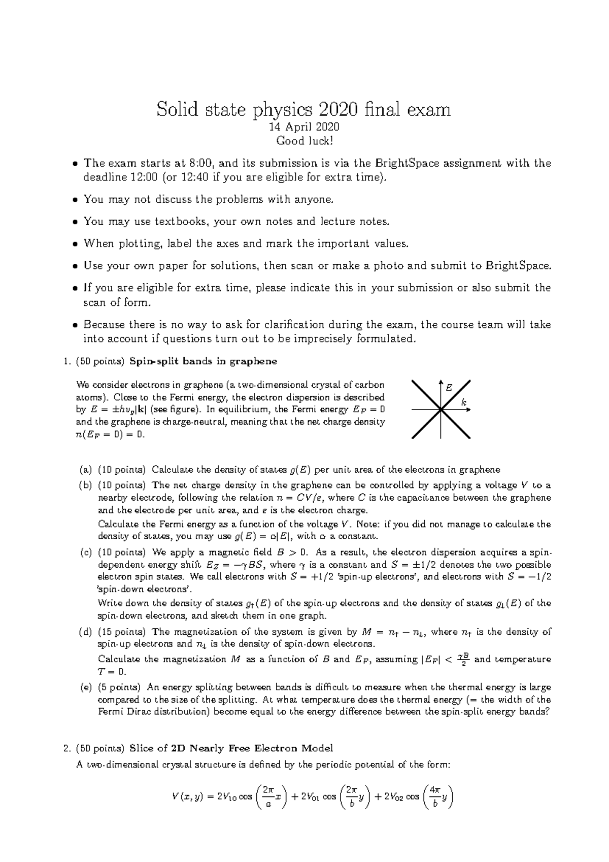 Solid State Physics 2020 Final Exam Guidelines and Questions - Studeersnel